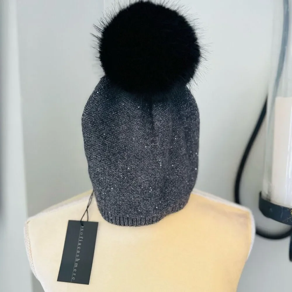 Sofia Cashmere Sequin 100%‎ Cashmere Beanie with Faux Fur Pompom Gray/Black, NWT